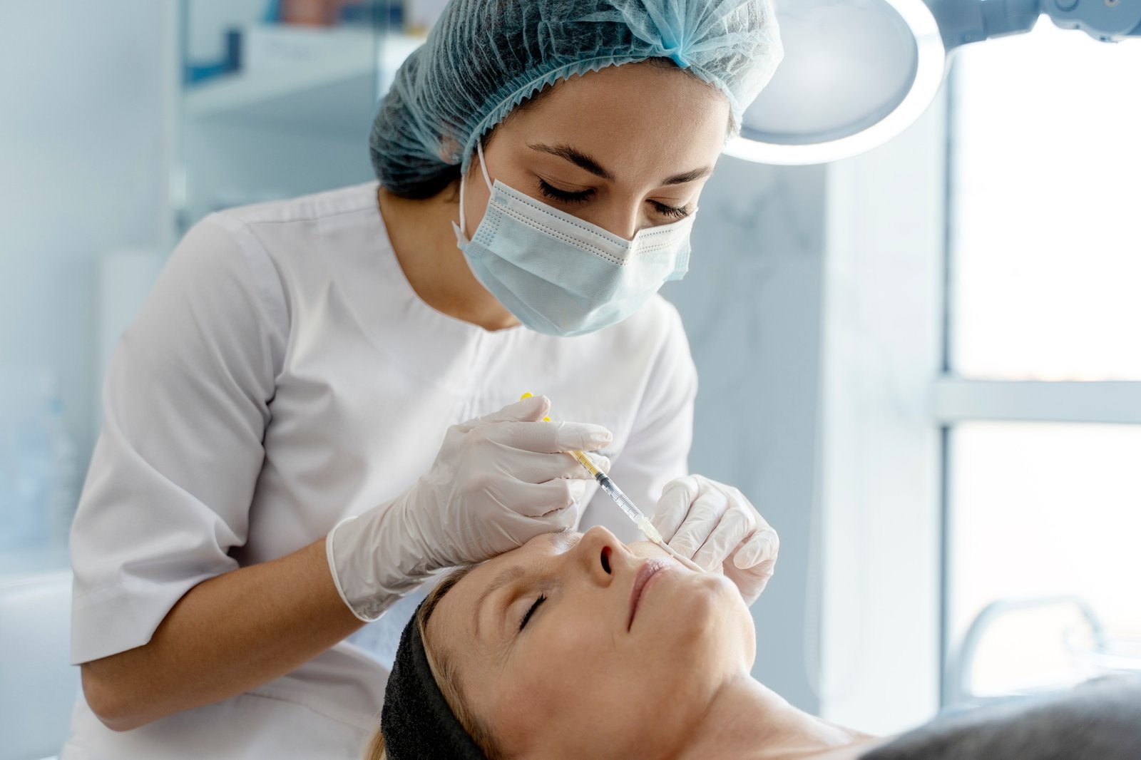 Senior woman attending beautician, having anti-aging injection at her face